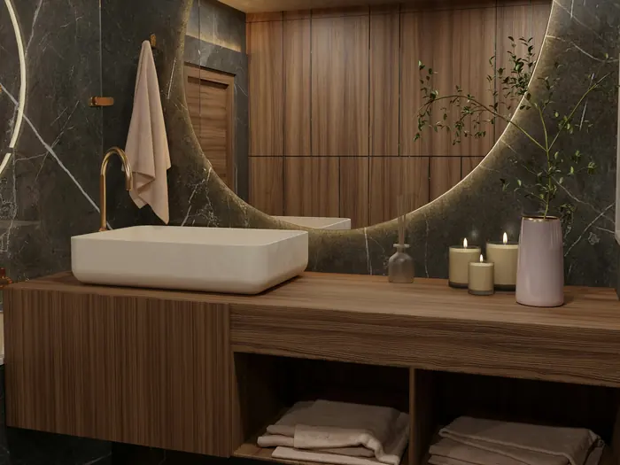 Bathroom vanity unit in wood with a round mirror