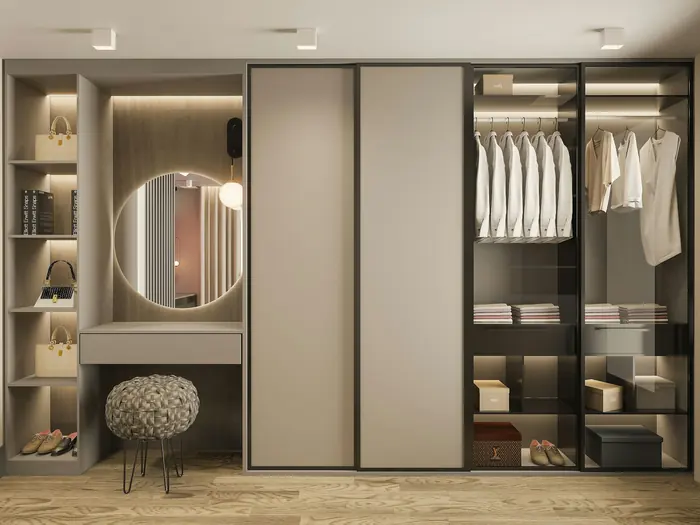 Fitted wardrobe with open shelving and tall doors
