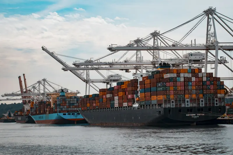 Container ship being loaded by cranes at a port